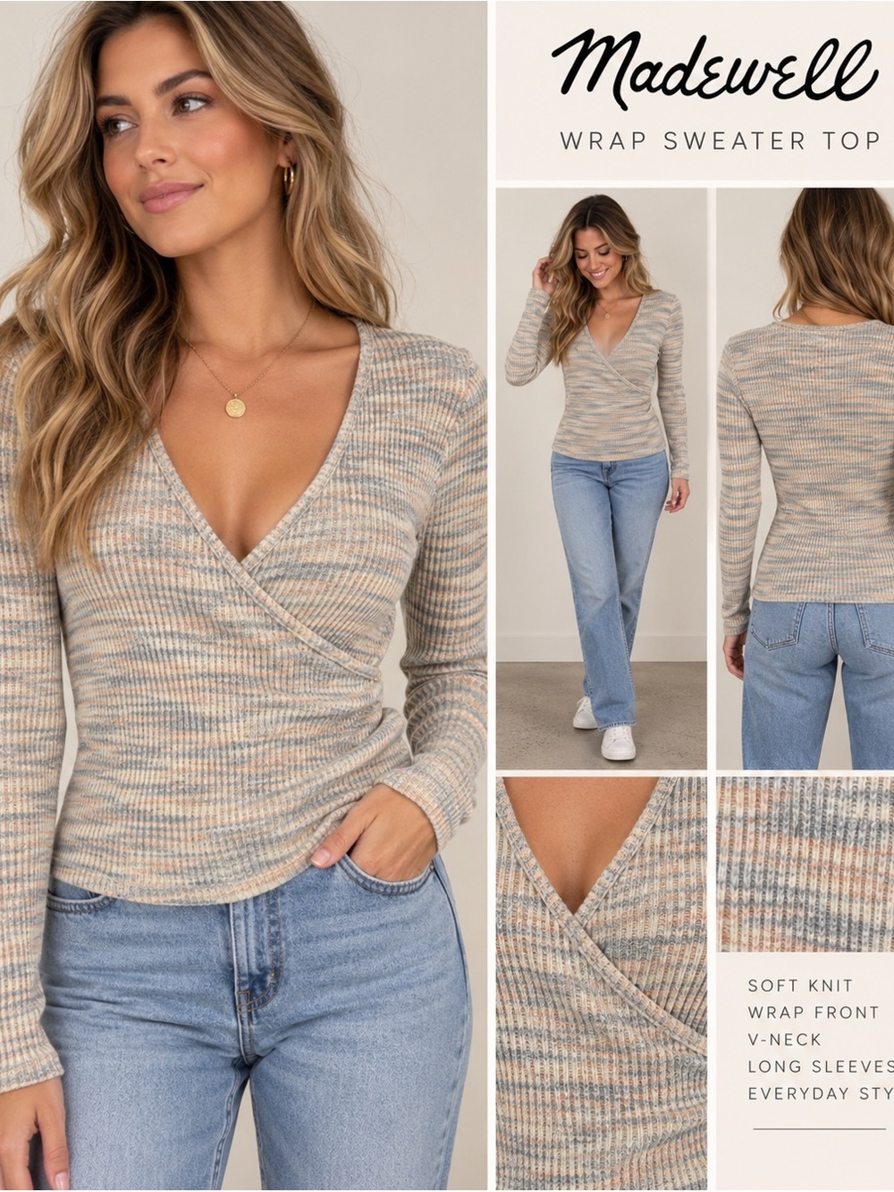 Madewell Neutral Multi-Stripe V-Neck Wrap Sweater